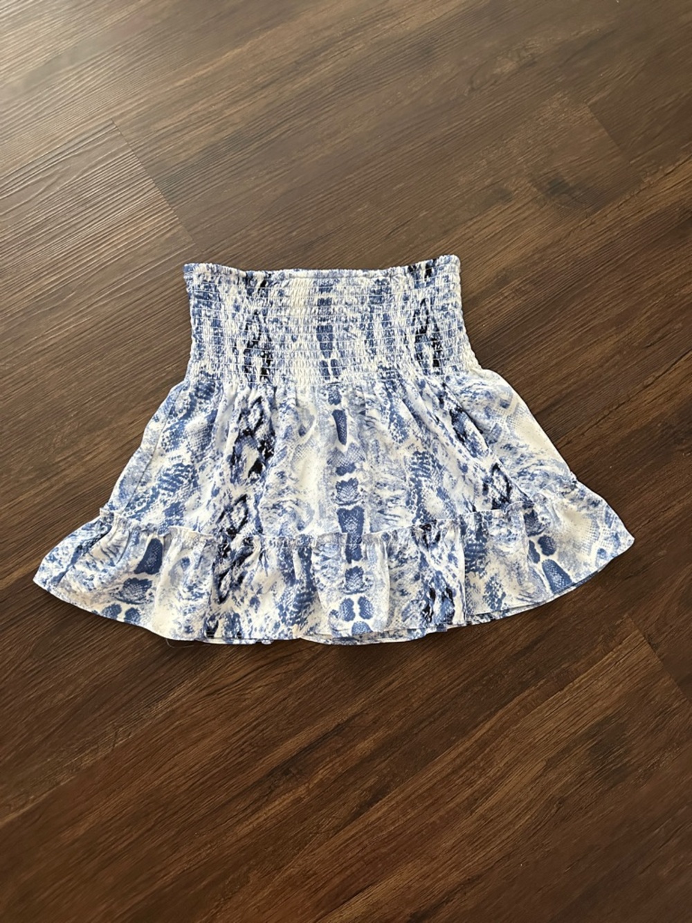 Aqua Blue & White Snake-Print Smocked Ruffle Skirt